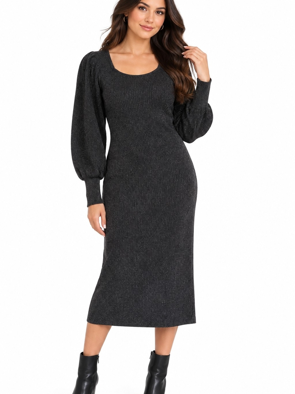Nine West Charcoal Ribbed Puff-Sleeve Midi Dress